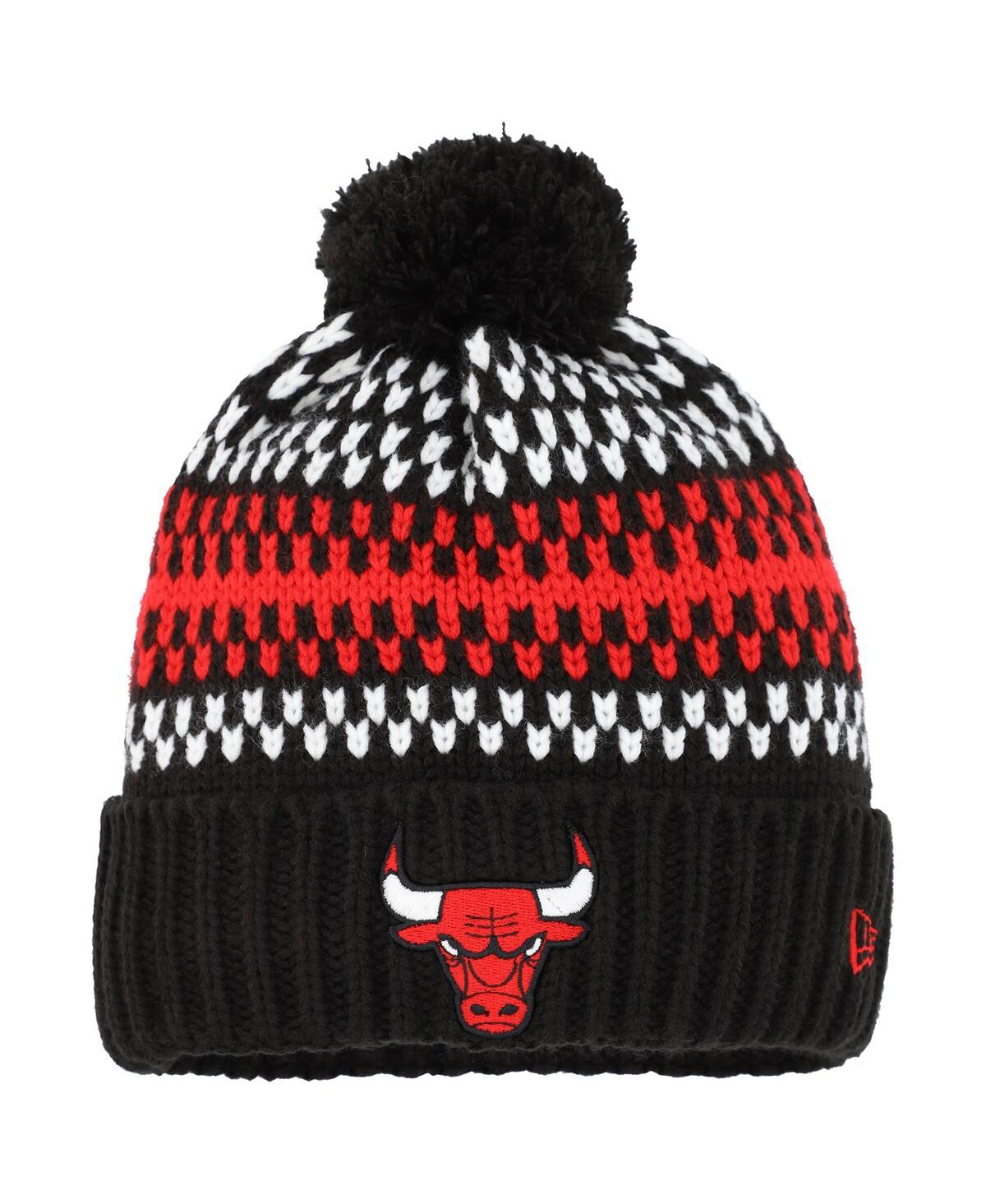 Shop New Era Girls Youth  Black Chicago Bulls Cozy Cuffed Knit Hat With Pom