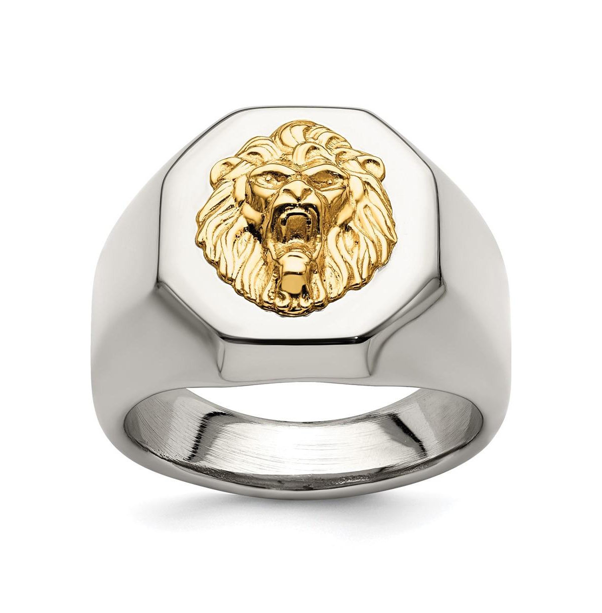 Stainless Steel with 14k Gold Accent Polished Lion Head Ring - White