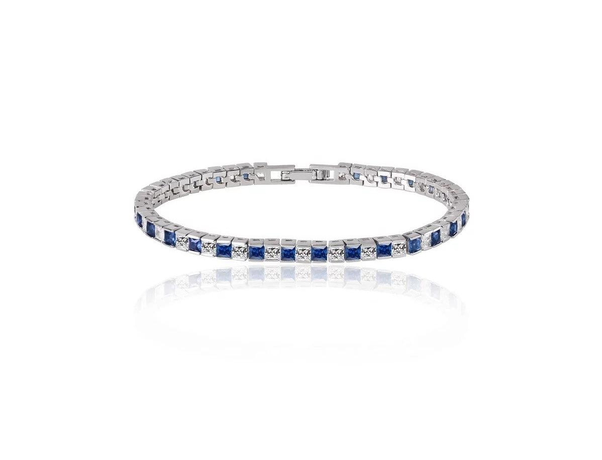 Princess Cut Tennis Bracelet with White Diamond and Sapphire Cz - Silver