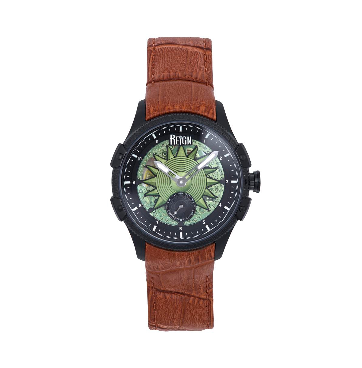 Men Solstice Automatic Semi-Skeleton Leather Strap Watch - Brown/Green - Brown/green
