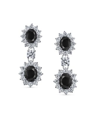 Art Deco Style Crown Halo Oval Cubic Zirconia Black CZ Fashion Formal Dangle Drop Earrings Prom Rhodium Plated