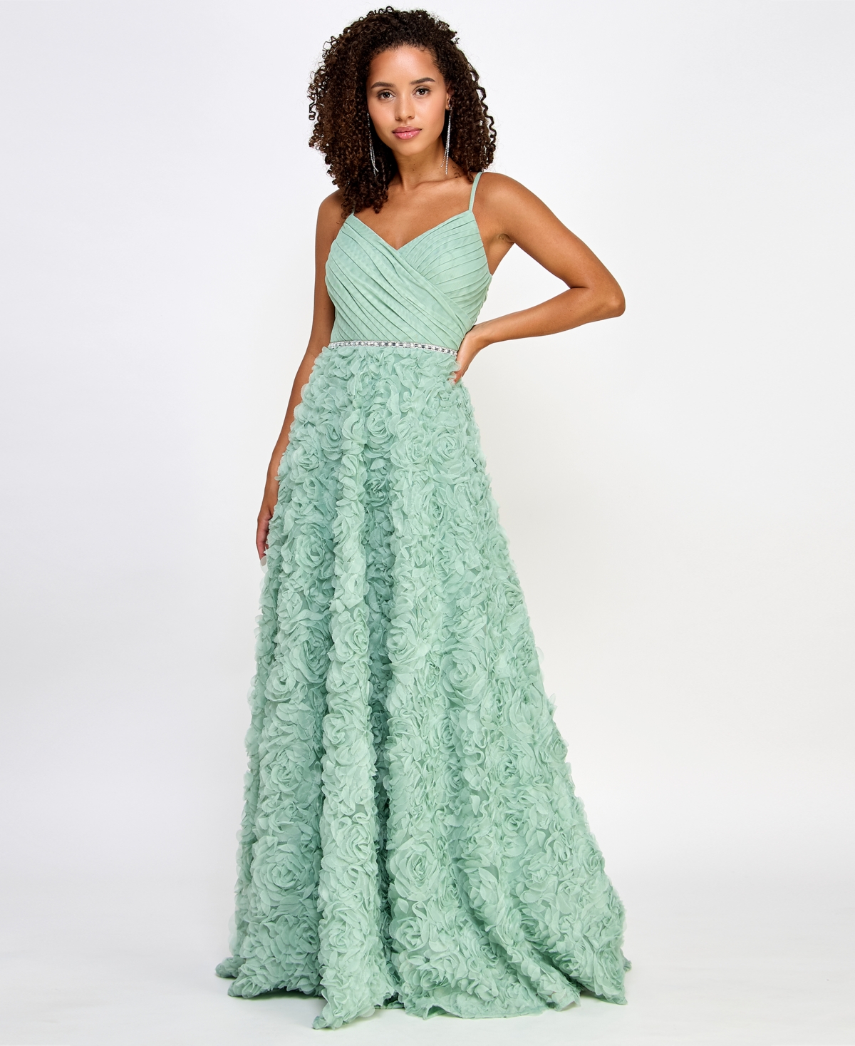 Say Yes Juniors' 3d Rosettes-skirt Shirred-top Gown, Created For Macy's In Sage