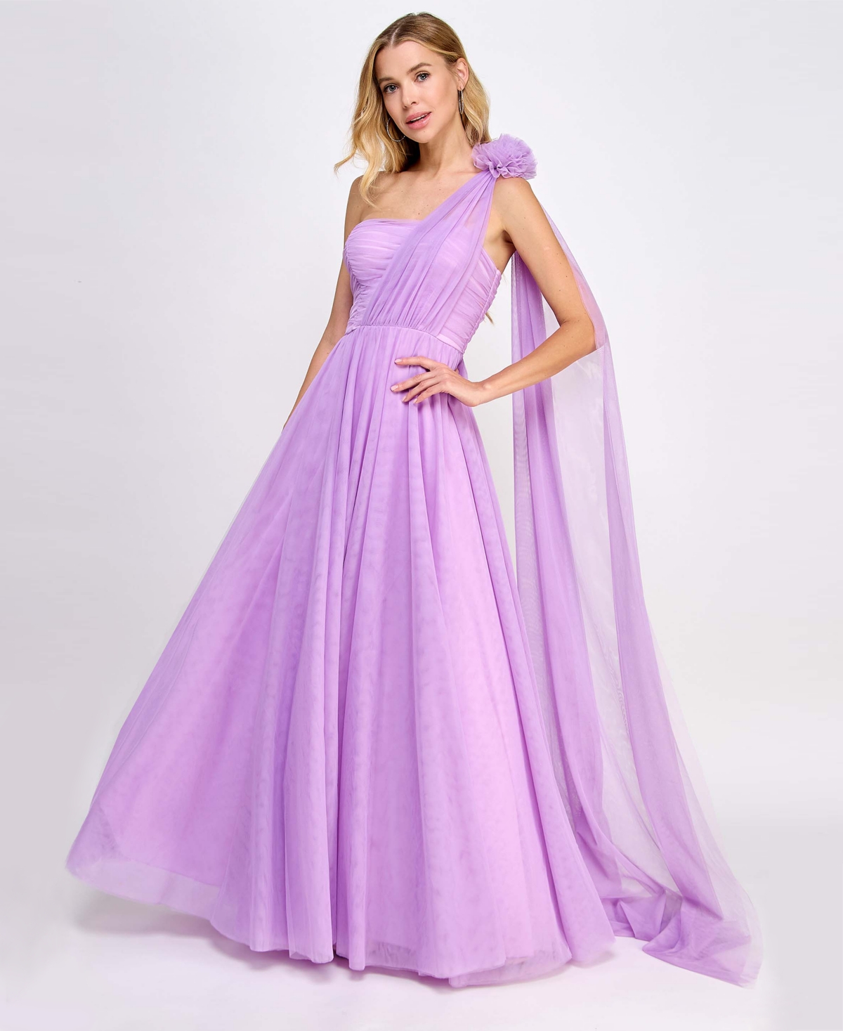 Shop City Studios Juniors' Rosette One-shoulder Ruched-bodice Flyaway Gown, Created For Macy's In Bright Lilac