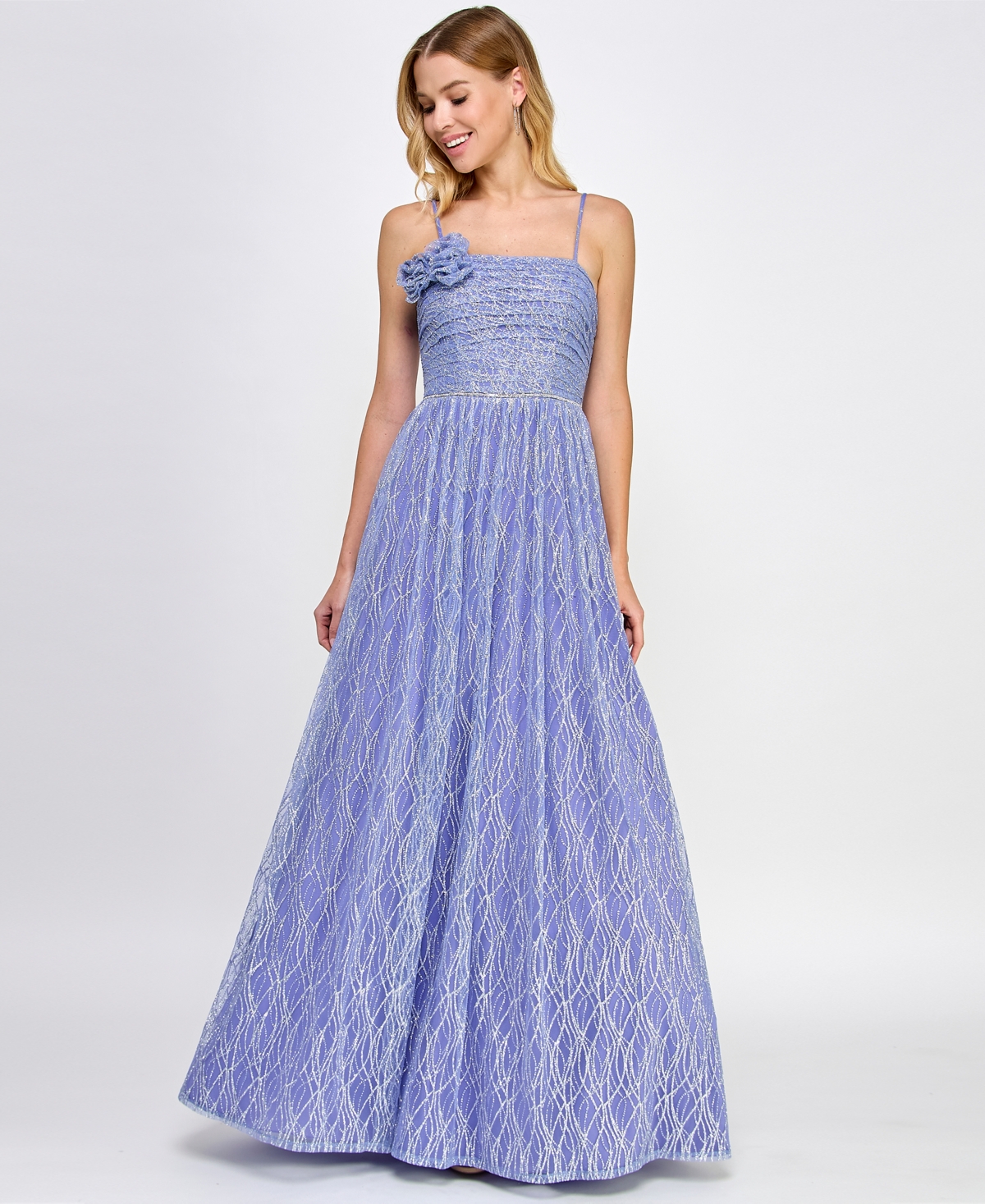 Shop City Studios Juniors' Rosette Glitter Tulle Gown, Created For Macy's In Periwinkle,silver