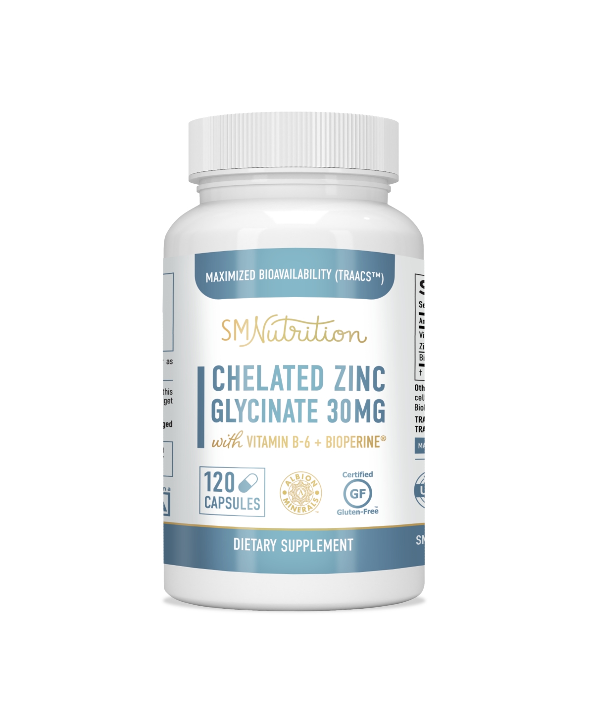 Chelated Zinc Supplements - Zinc Glycinate 30 mg (120 Capsules) Highly-Absorbable Traacs Chelated Zinc Bisglycinate, Vitamin B6 & BioPerine - Immune S
