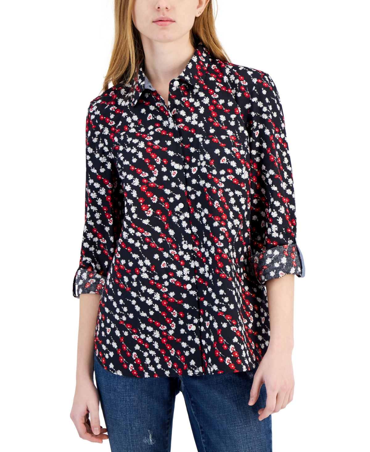 Shop Tommy Hilfiger Women's Ditsy Roll-tab Shirt In Navy