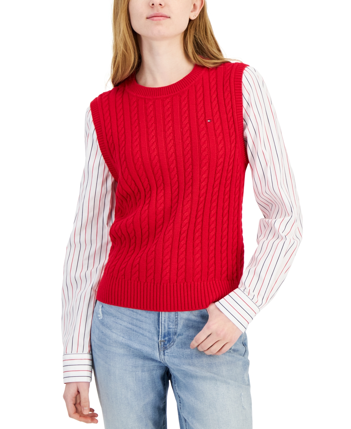 Shop Tommy Hilfiger Women's Striped Layered-look Sweater Vest In Red
