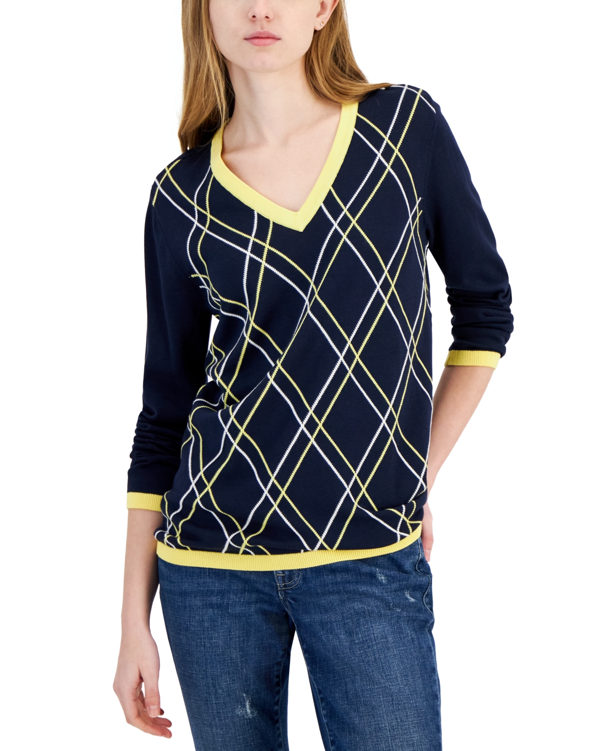 Women's Argyle V-Neck Sweater - Blue