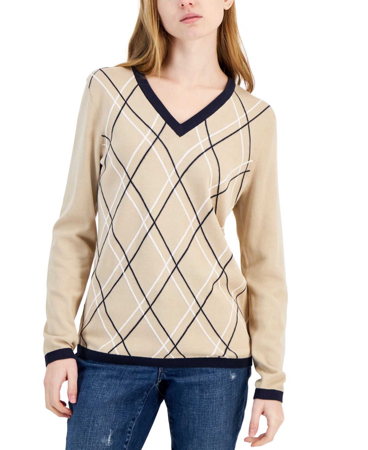 Shop Tommy Hilfiger Women's Argyle V-neck Sweater In Med Brown