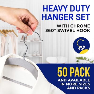 50-piece slim, lightweight hangers with 360° swivel hooks and non-slip rubber coating—perfect for saving space and holding dry or wet clothes.
