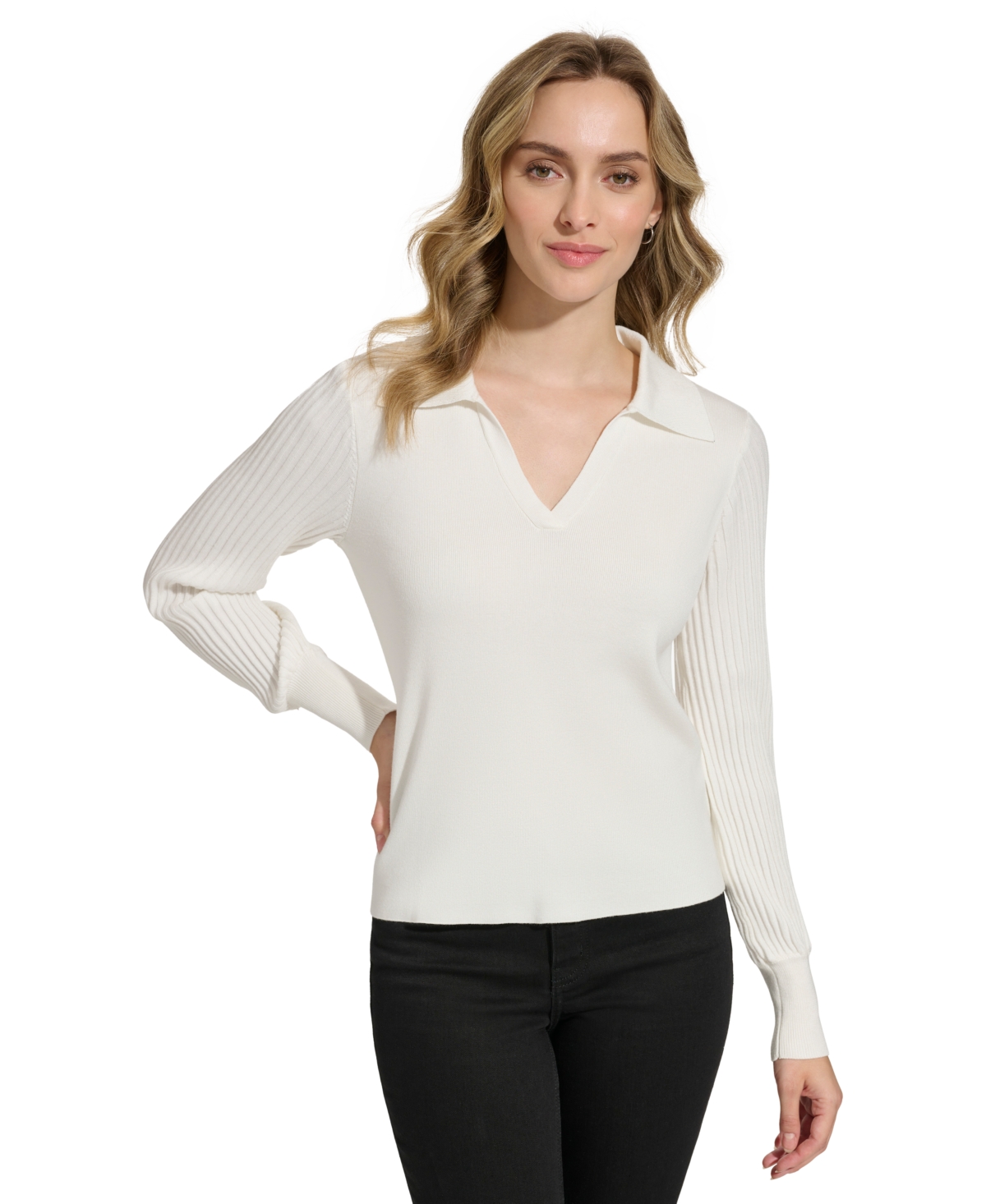 Calvin Klein Women's Collared V-neck Ribbed-sleeve Sweater In Soft White