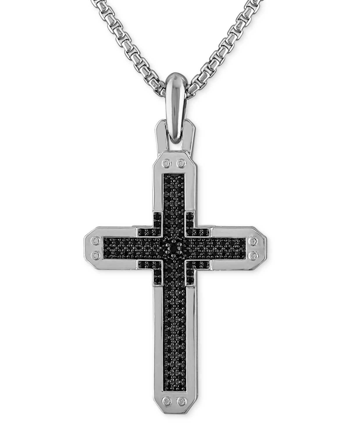Bulova Sterling Silver Black Diamond Cross Pendant Necklace, 24" + 2" Extender In Metallic