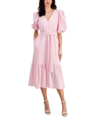 Taylor - Women's Gingham Check V-Neck Tie-Waist Midi Dress