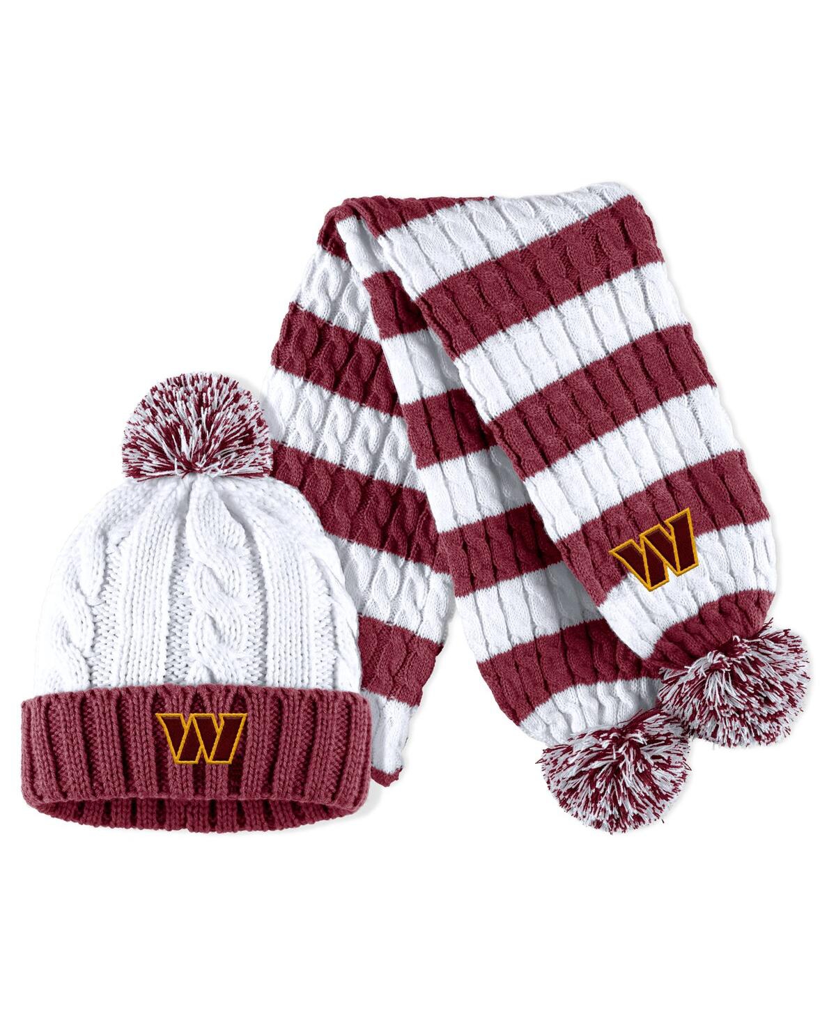 Wear By Erin Andrews Women's  White Washington Commanders Cable Stripe Cuffed Knit Hat With Pom And S