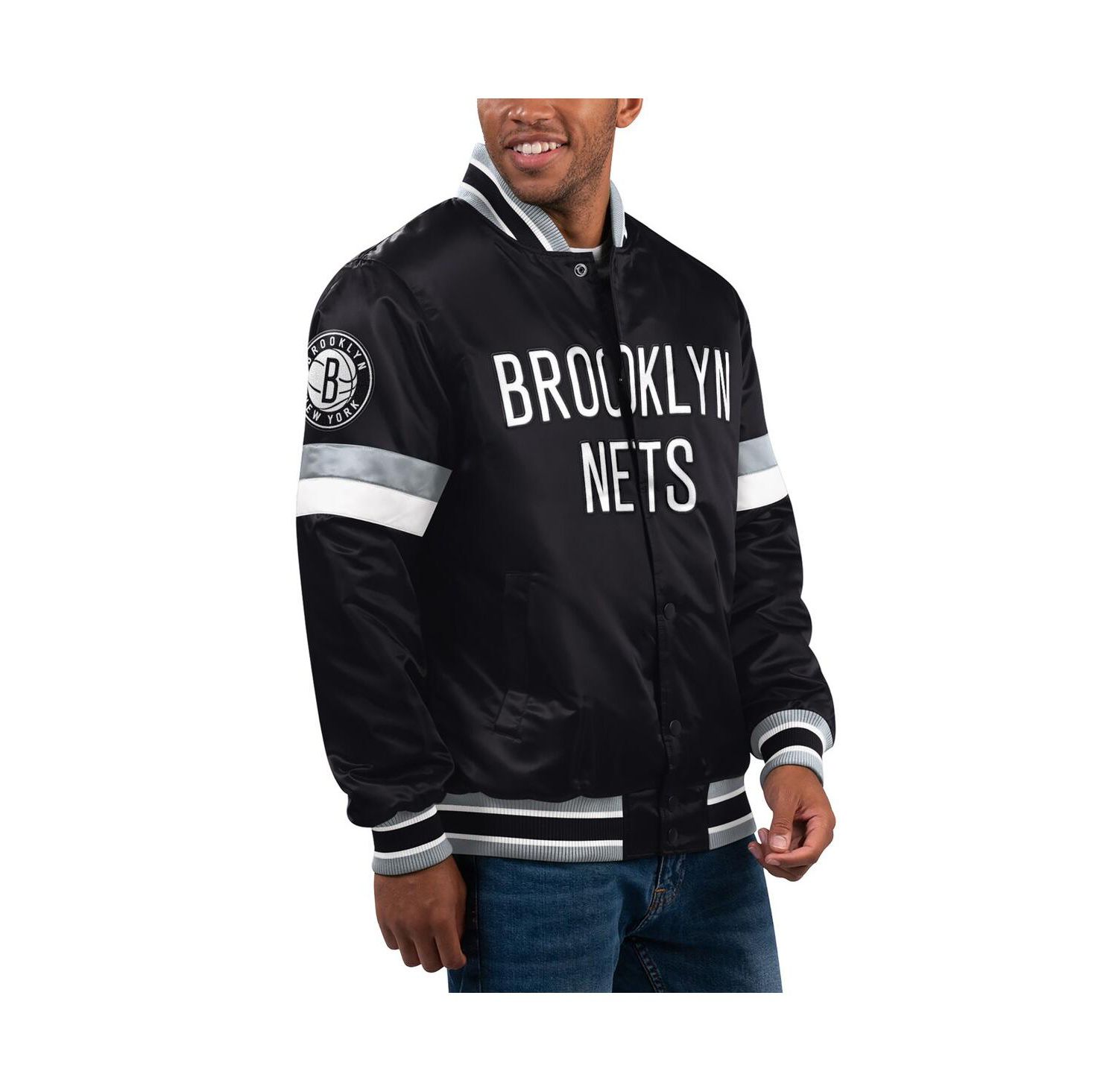 Men's Black Brooklyn Nets Home Game Satin Full-Snap Varsity Jacket