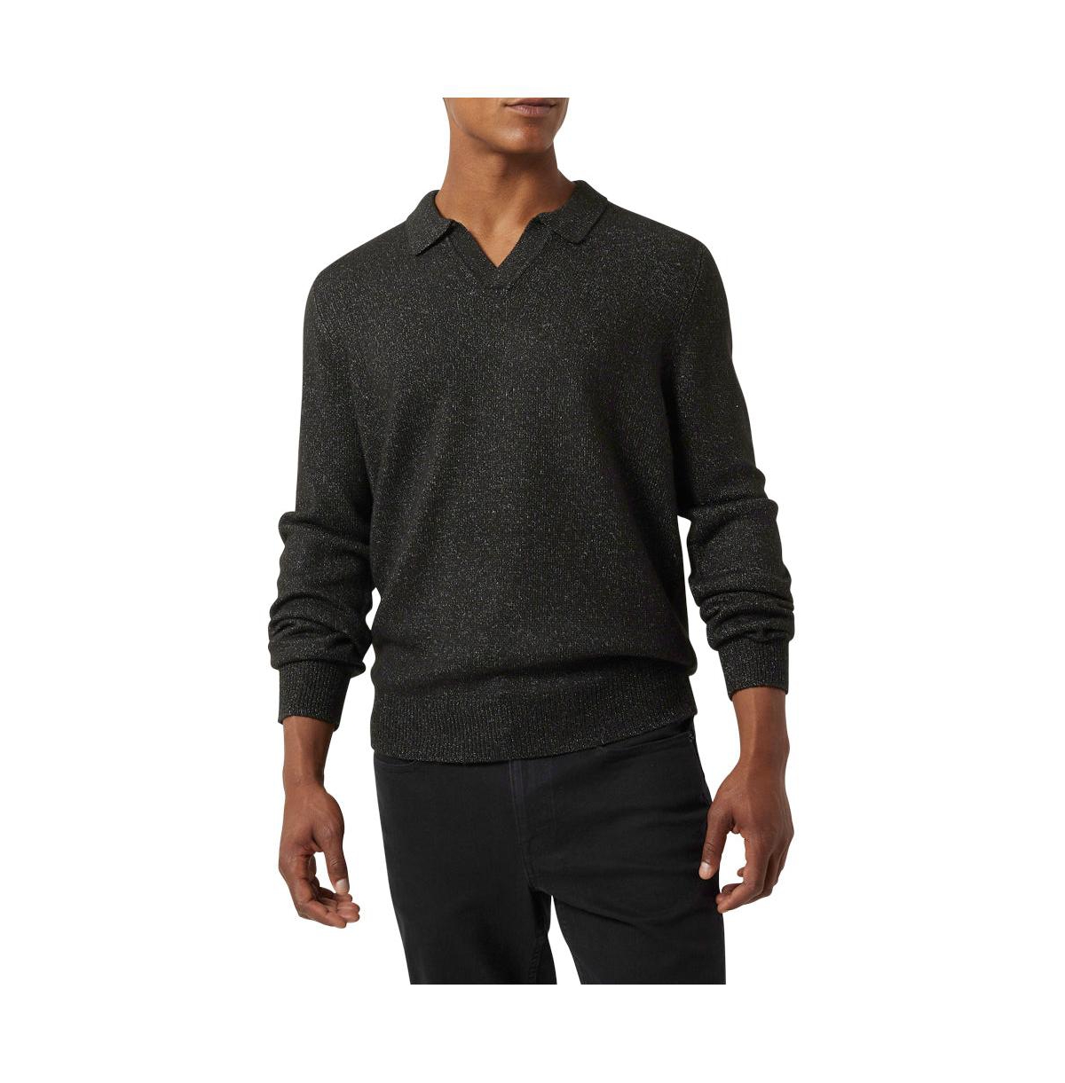Men's V-Neck Johnny Collar Pullover Sweater - Black
