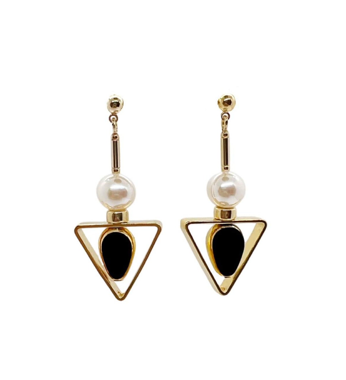 Triangle & Pearls Earrings - Black, white and gold