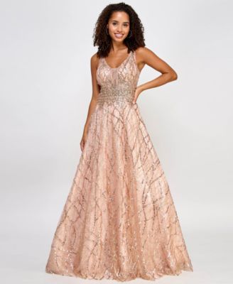 City Studios - Juniors' Embellished Plunge-Back Gown
