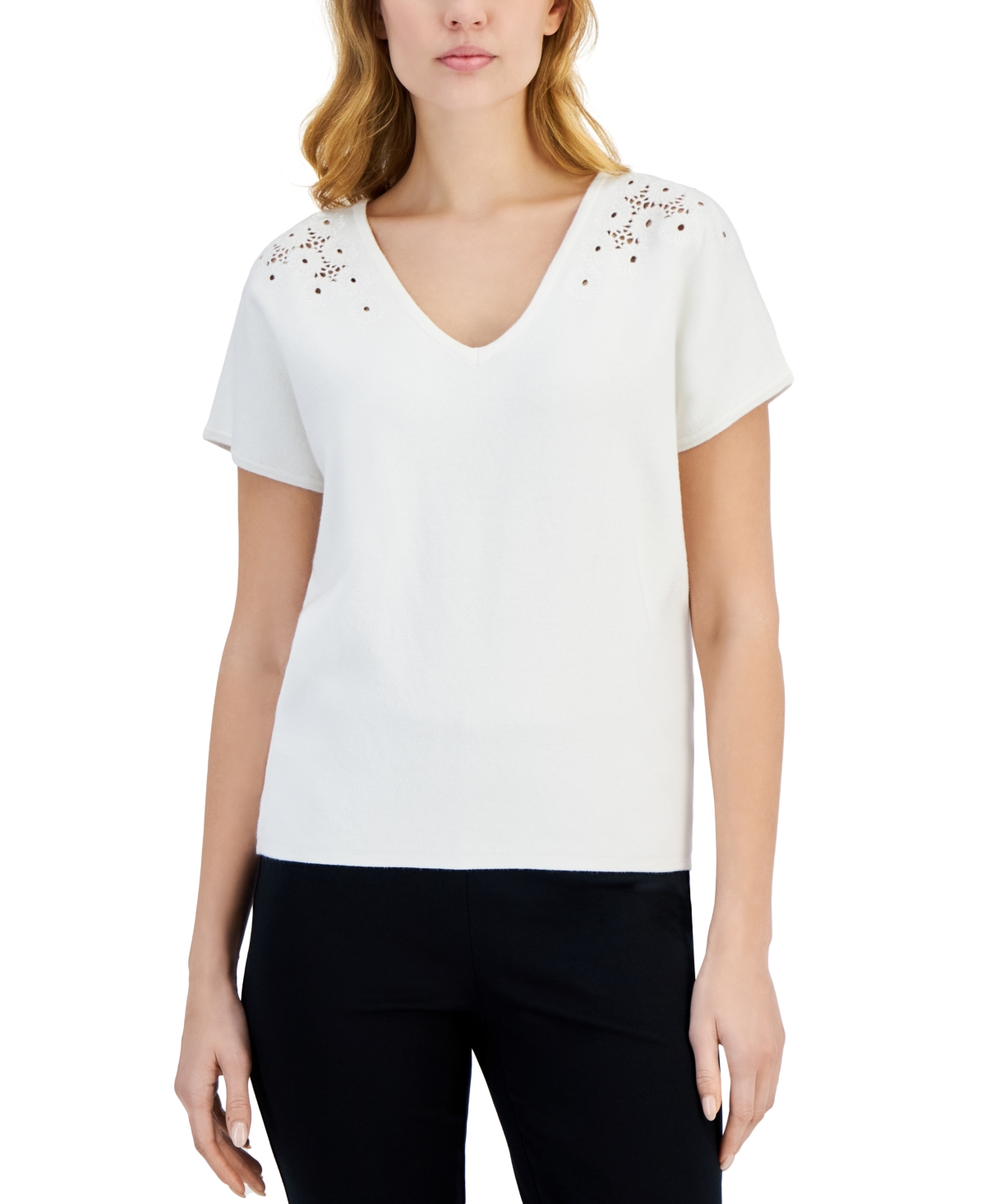 Shop T Tahari Women's Embroidered-shoulder Short Sleeve V Neck Sweater In White Star