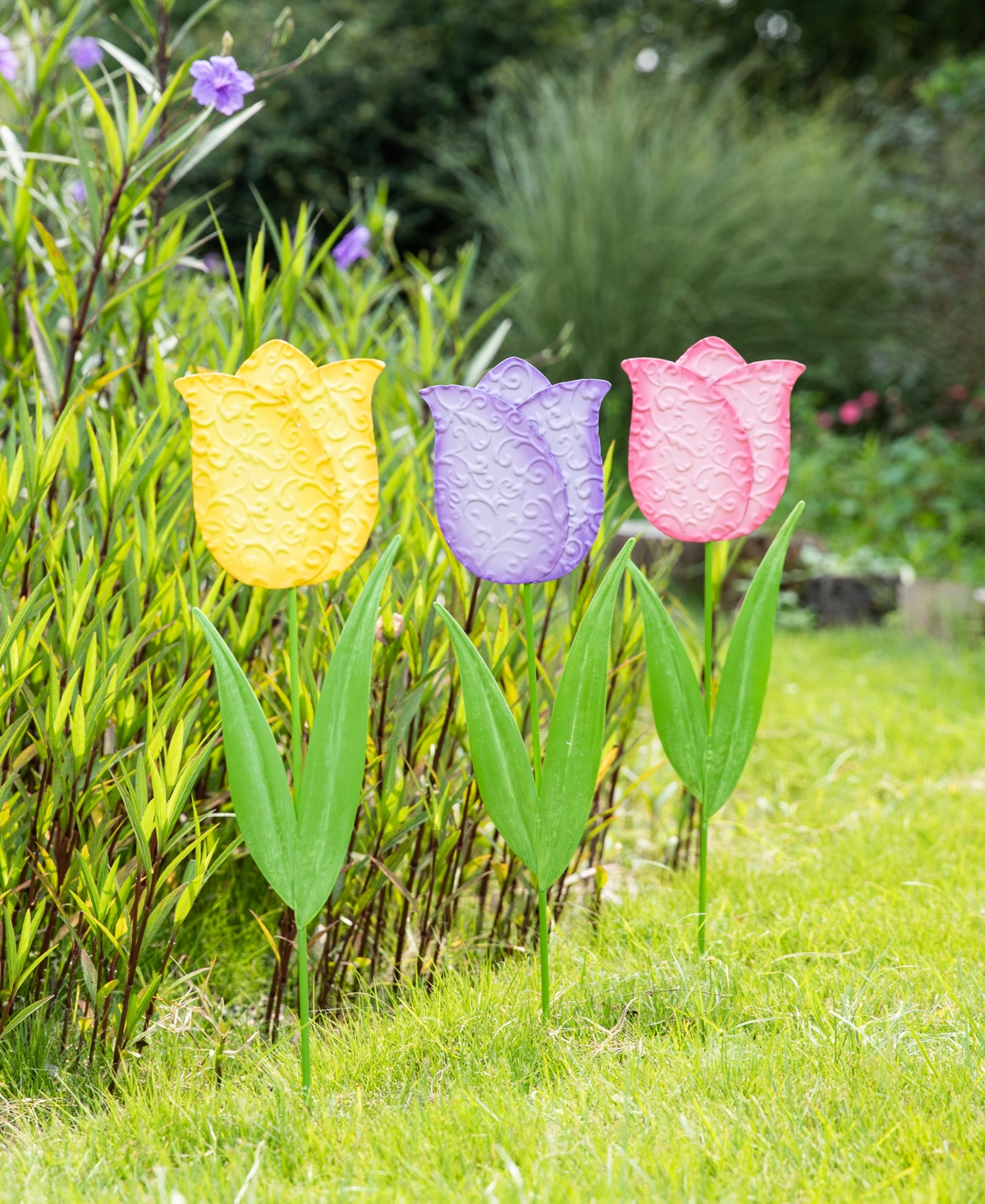 Glitzhome 24" H Easter Metal Tulips Yard Stake, Set of 3