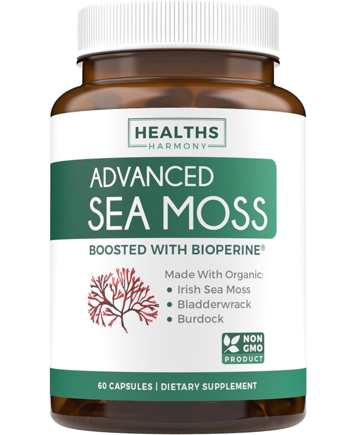 Irish Sea Moss Capsules (Non-gmo) Organic Irish Seamoss, Bladderwrack & Burdock, with BioPerine Black Pepper Extract for Extra Absorption - Raw Supple