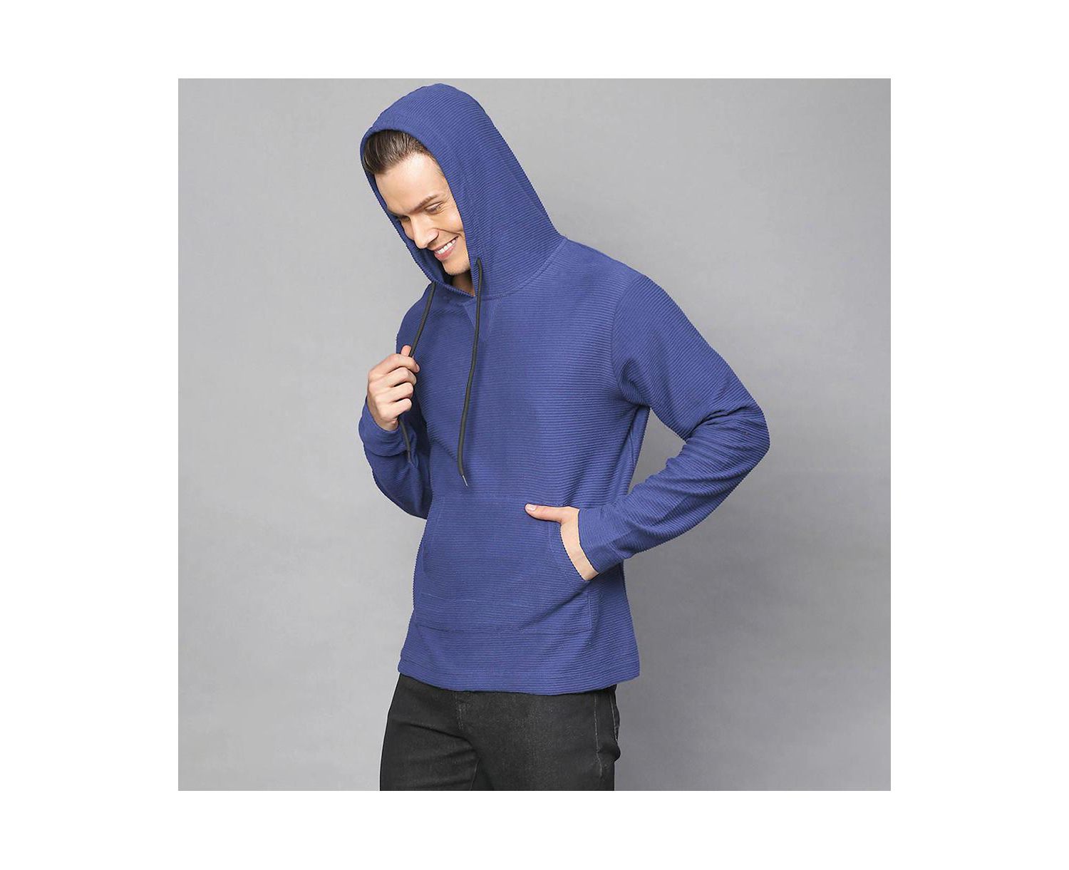 Men's Electric Blue Pullover Hoodie With Contrast Drawstring