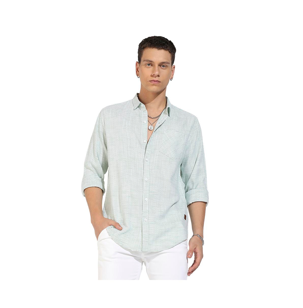 Campus Sutra Men's White & Green Horizontal Chalk Striped Shirt In Multicolor