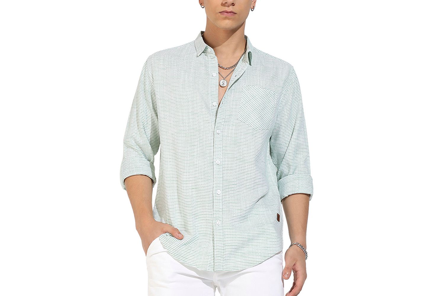 Men's White and Green Horizontal Chalk Striped Shirt