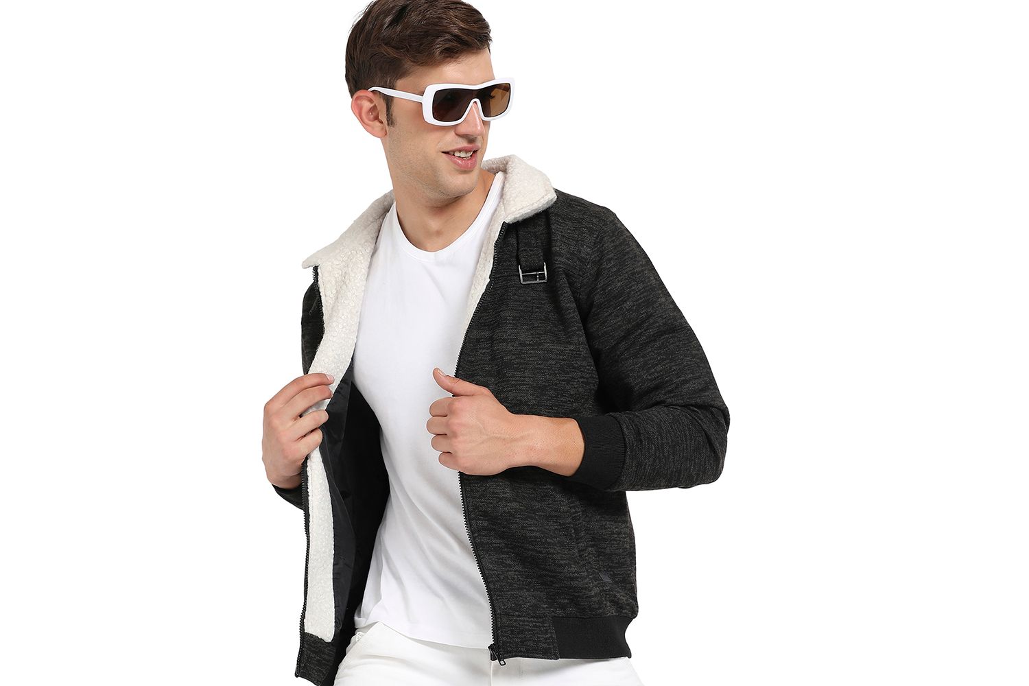 Men's Charcoal Grey Heathered Jacket With Fleece Detail