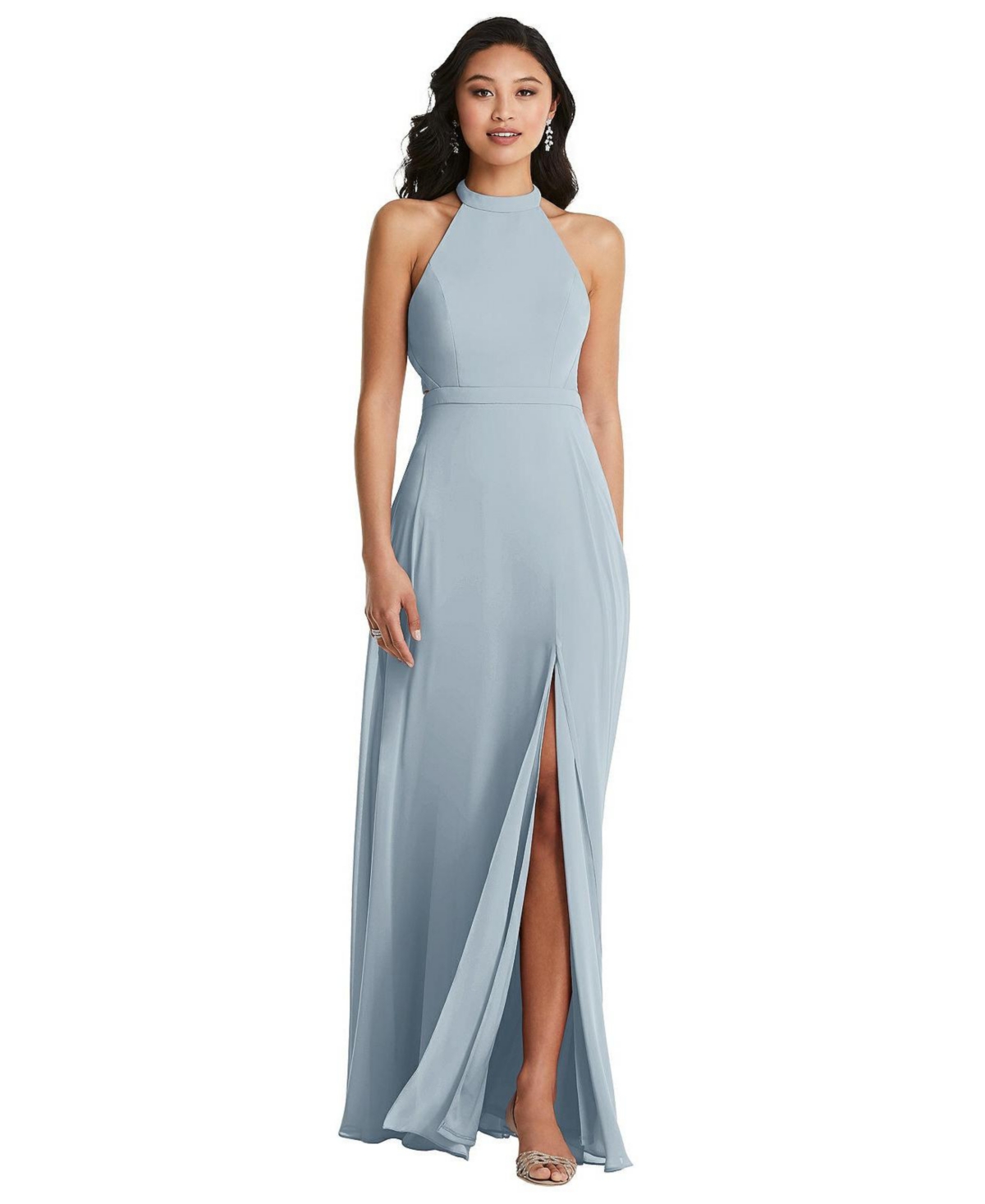 DESSY COLLECTION WOMENS STAND COLLAR HALTER MAXI DRESS WITH CRISS CROSS OPEN-BACK