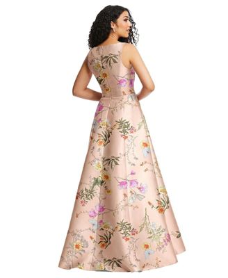 Women's Boned Corset Closed-Back Floral Satin Gown with Full Skirt
