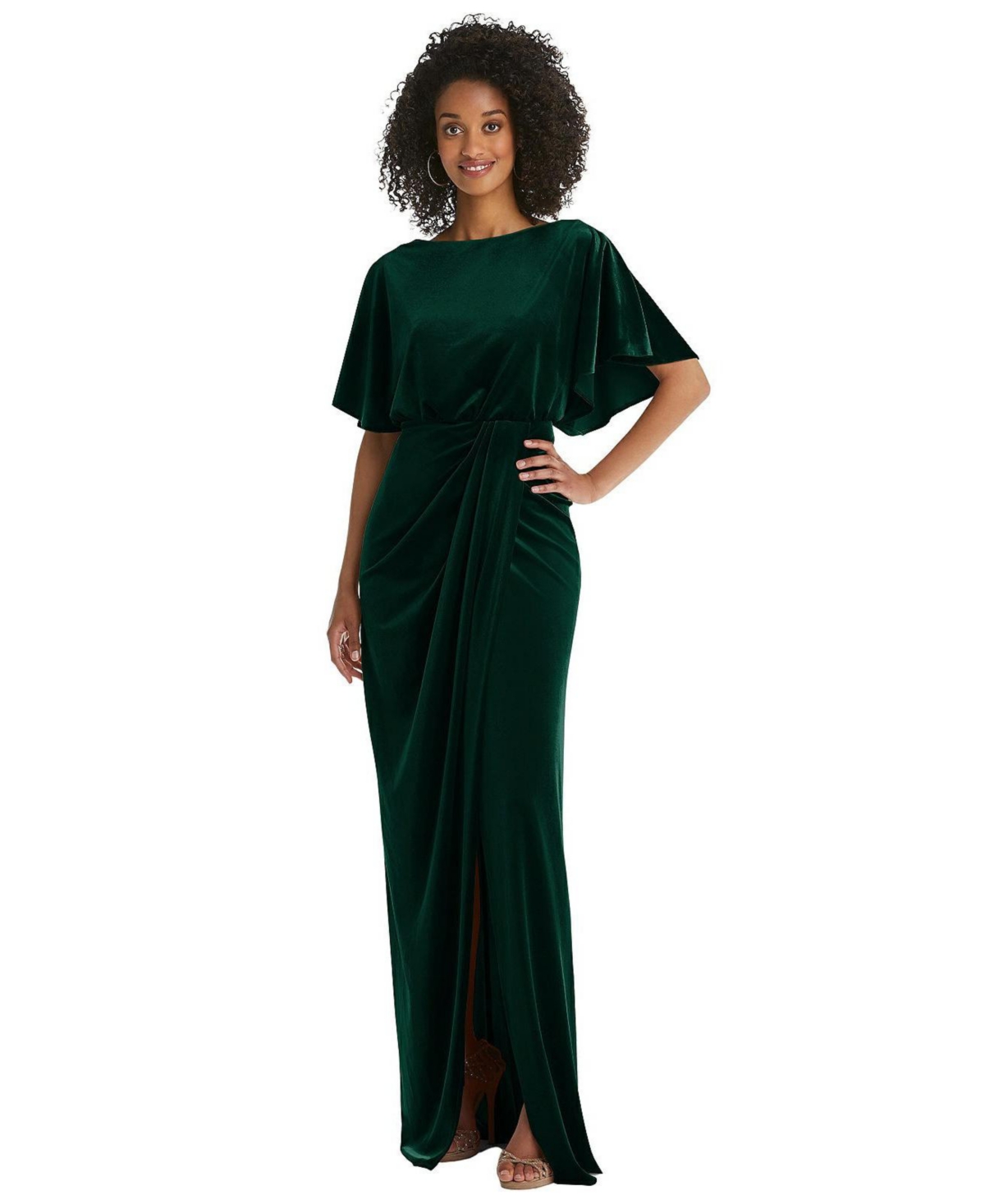 Women's Flutter Sleeve Open-Back Velvet Maxi Dress with Draped Wrap Skirt - Evergreen