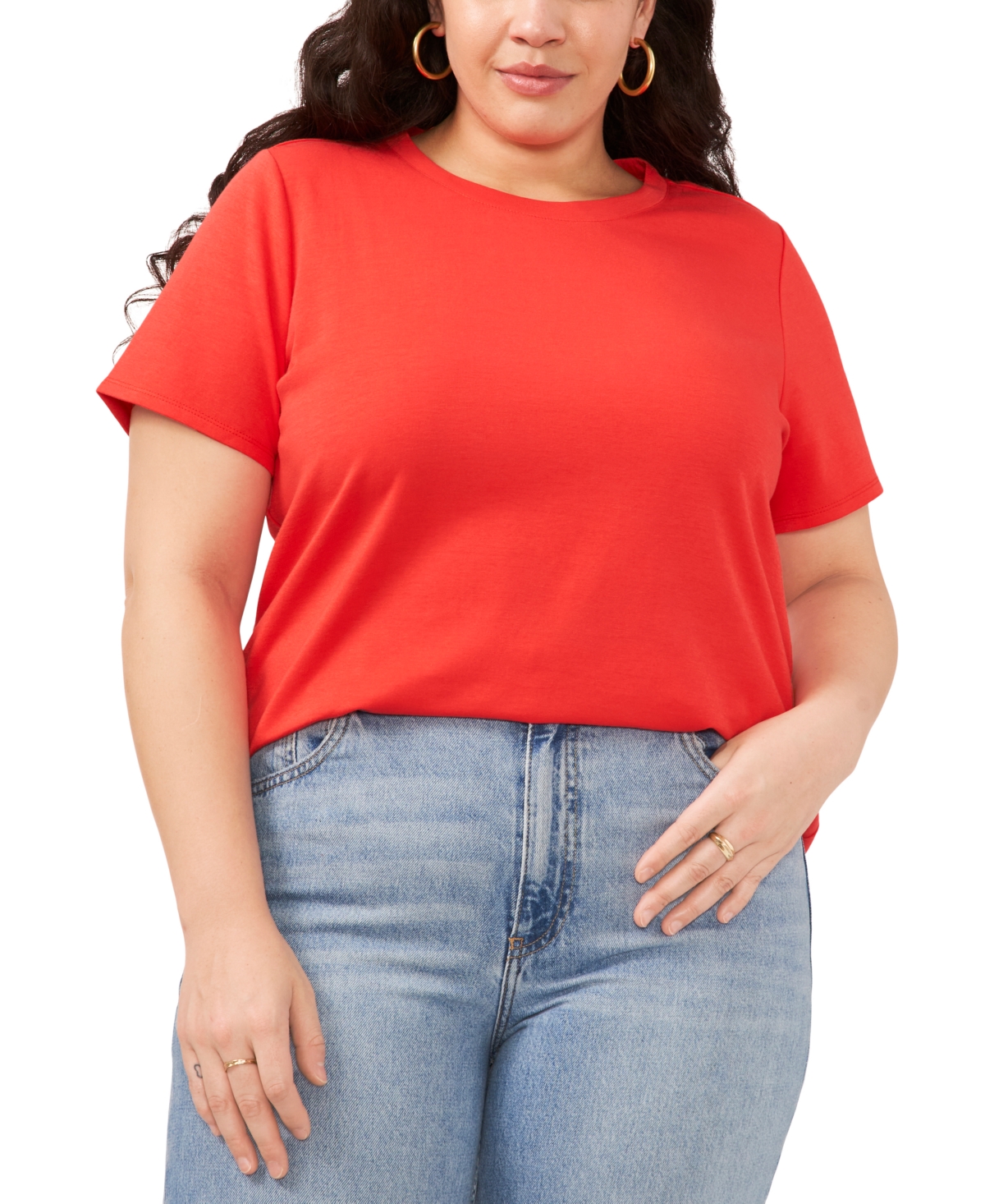 Shop Vince Camuto Plus Size Crewneck Polished Short-sleeve Knit Top In Tulip Red