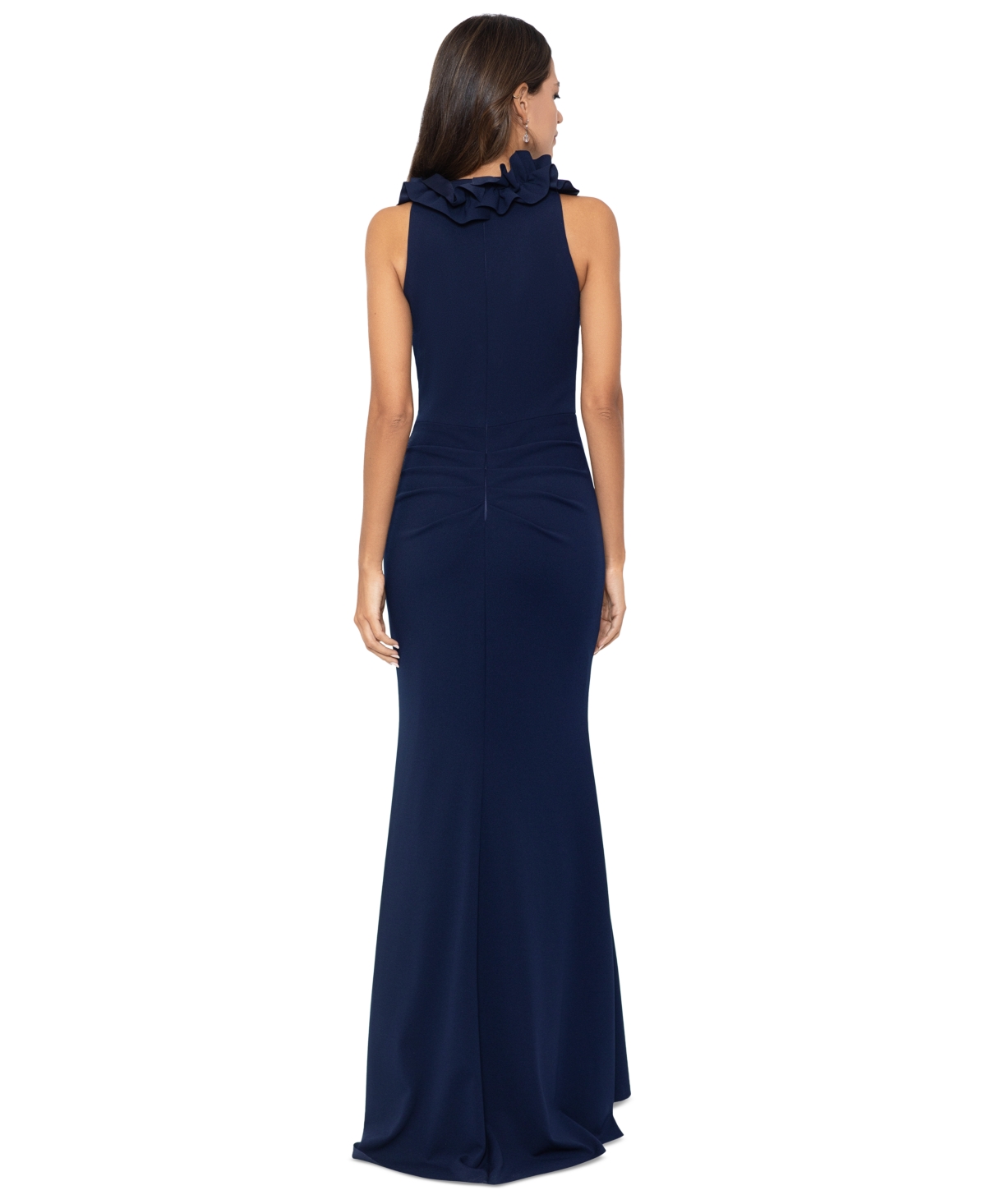 Xscape Petite Ruffled V-Neck Ruched Sleeveless Gown Navy Smart
