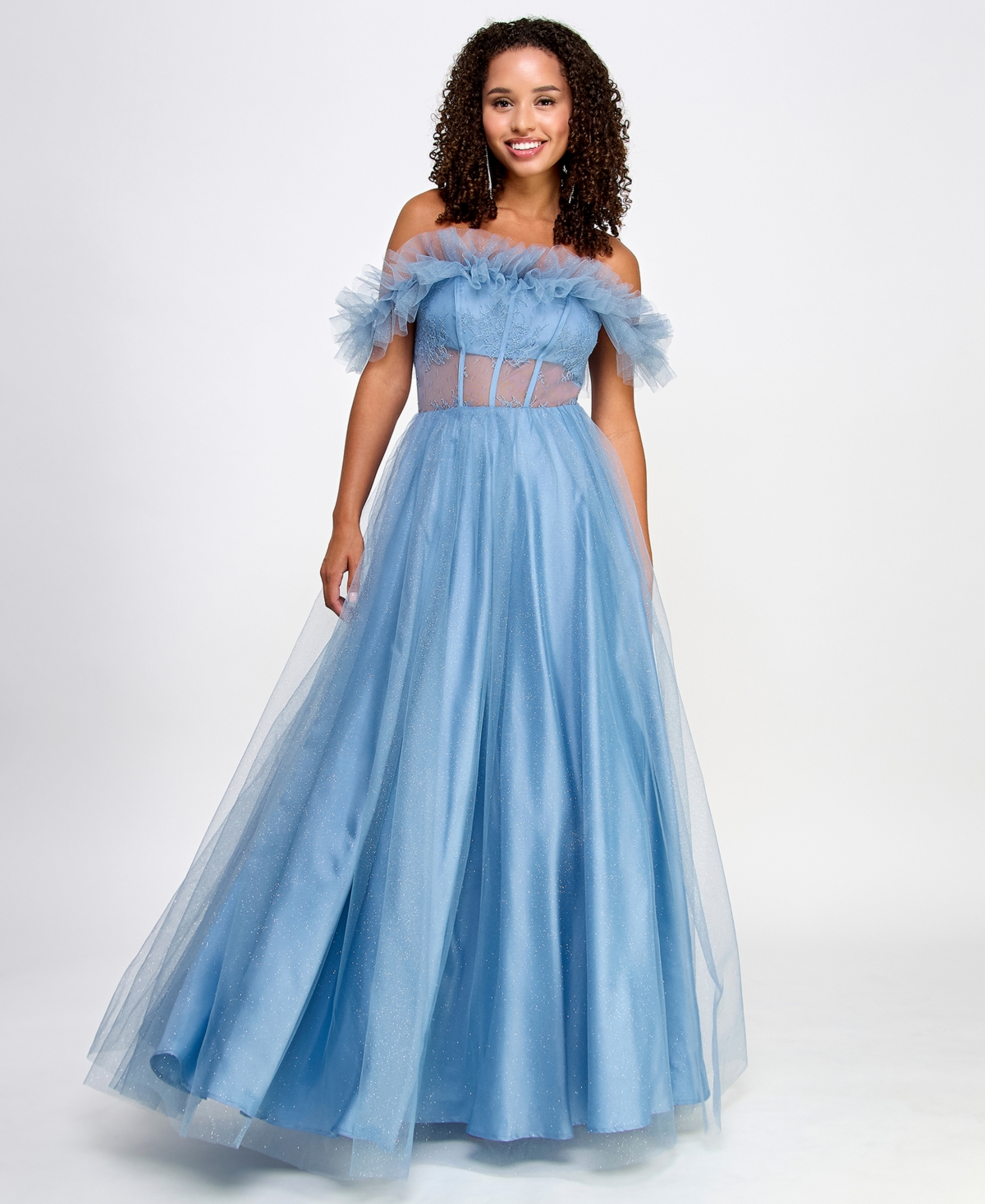 Juniors' Off-The-Shoulder Glitter Tulle Corset Gown, Created for Macy's - Light Blue