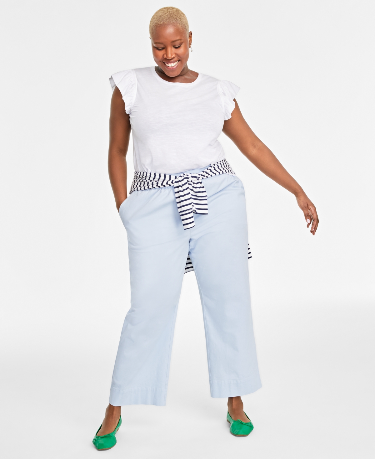 On 34th Trendy Plus Size Flutter-sleeve Crewneck T-shirt, Created For Macy's In Bright White