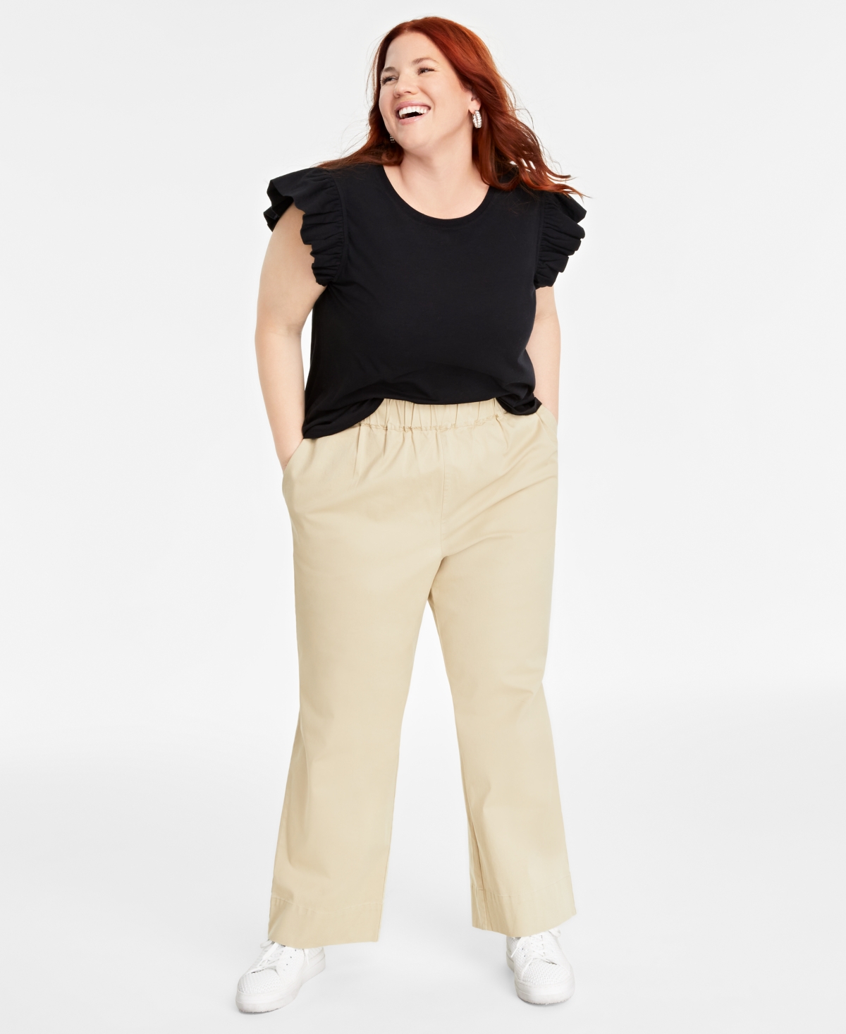 On 34th Trendy Plus Size Flutter-sleeve Crewneck T-shirt, Created For Macy's In Deep Black