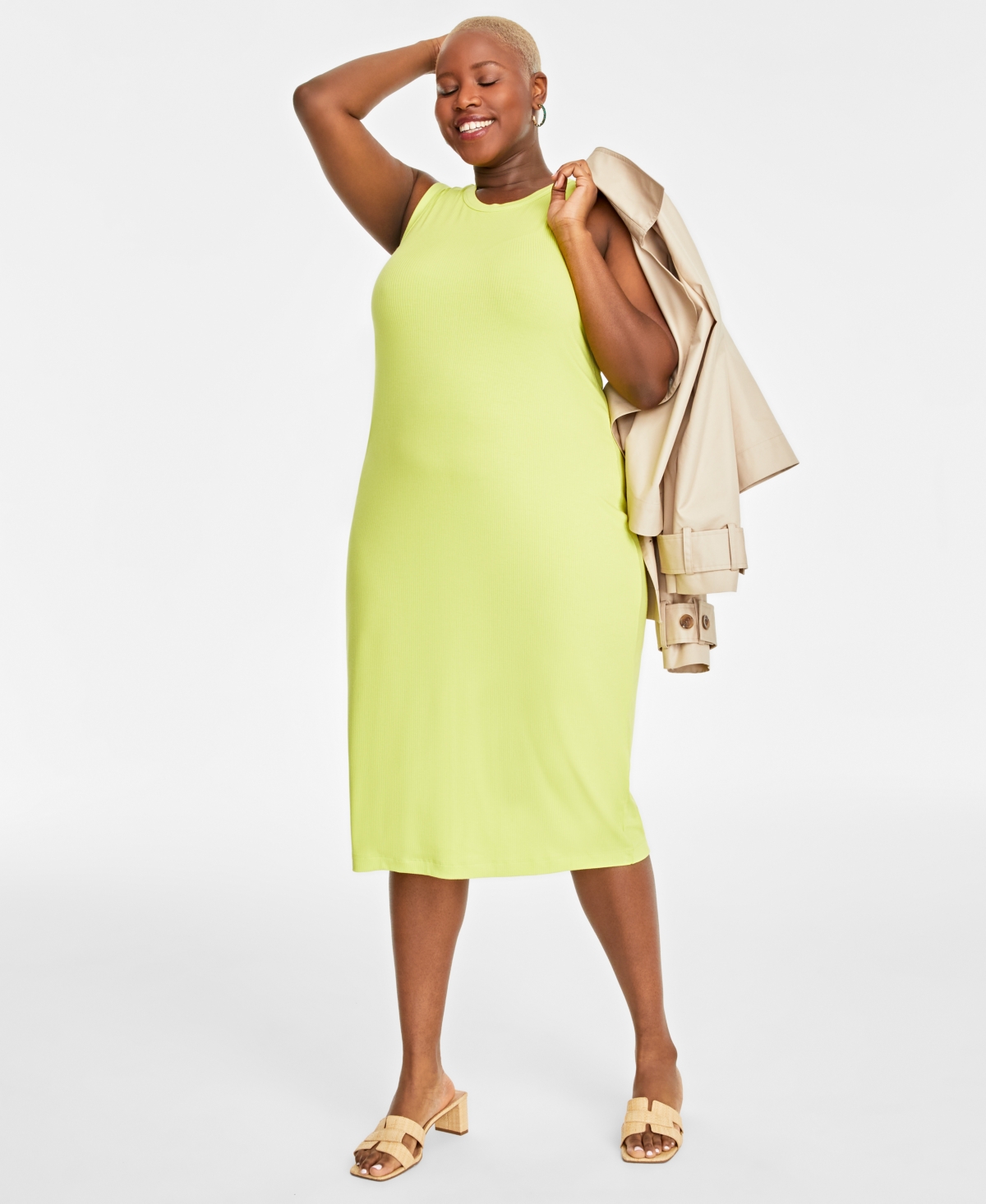 On 34th Trendy Plus Size Rib-knit Midi Tank Dress, Created For Macy's In Lemon Lime