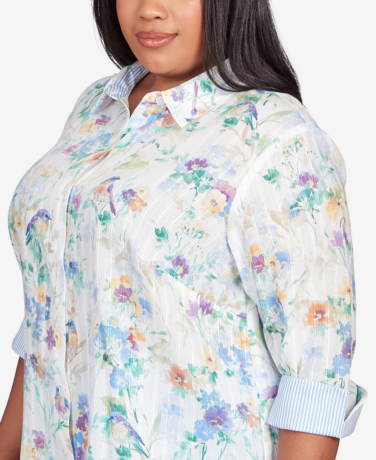 Alfred Dunner Plus Size Classic Pastels Painted Birds Button Down Top