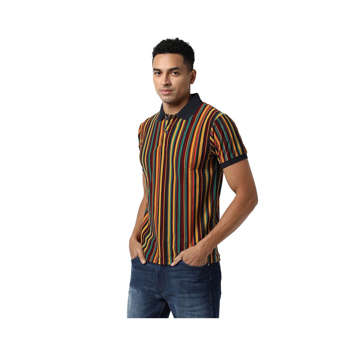 Men's Yellow & Green Candy Striped Polo T-Shirt - Multicolor