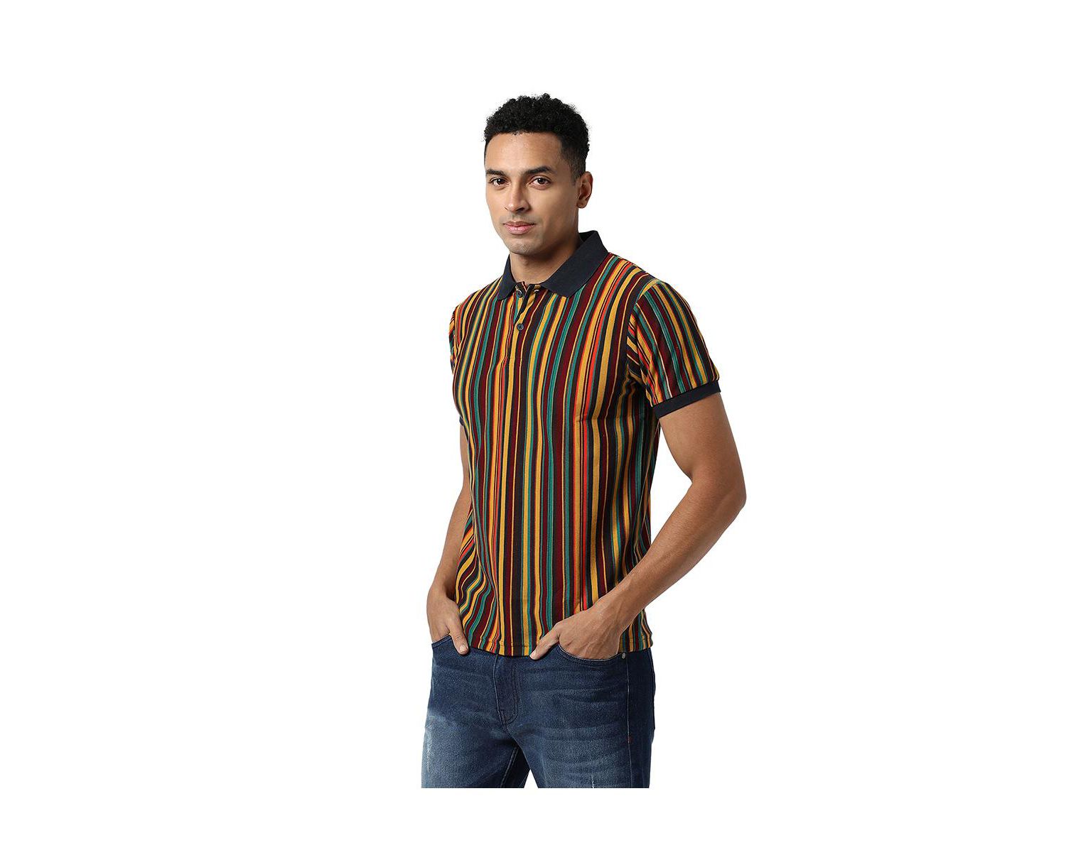 Men's Yellow & Green Candy Striped Polo T-Shirt
