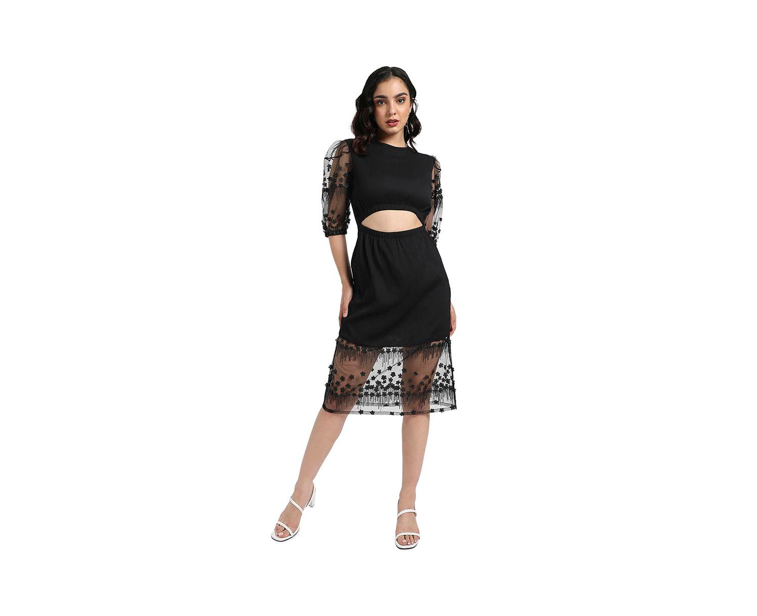 Women's Black Self-Design Dress With Cutout Detail