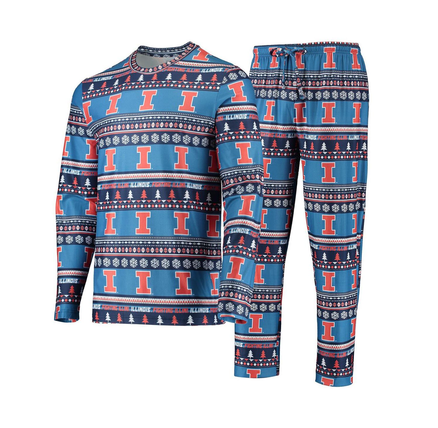 Men's Blue Illinois Fighting Illini Ugly Sweater Long Sleeve T-shirt and Pants Sleep Set