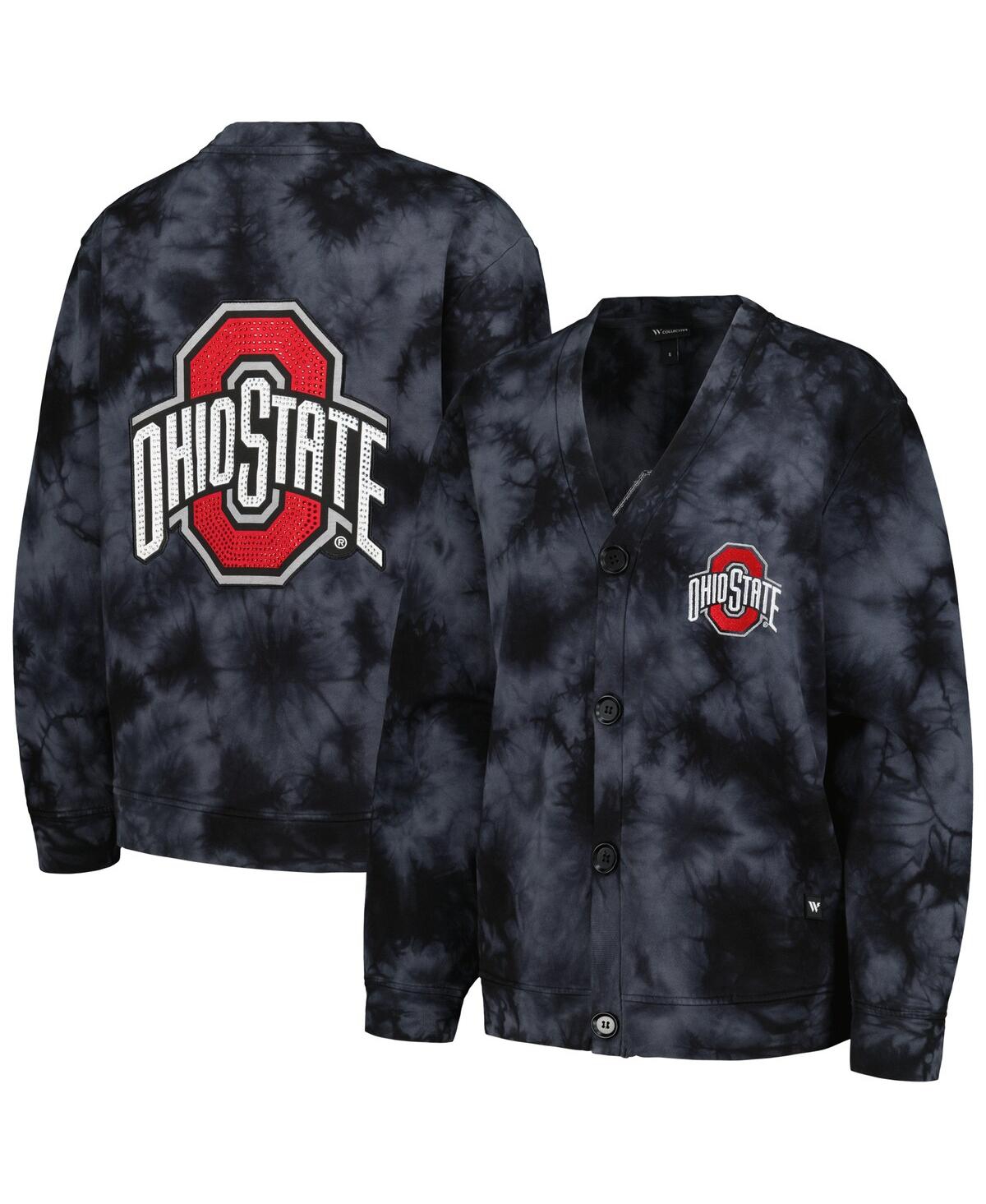 The Wild Collective Women's  Black Ohio State Buckeyes Jeweled Tie-dye Button-up V-neck Sweater