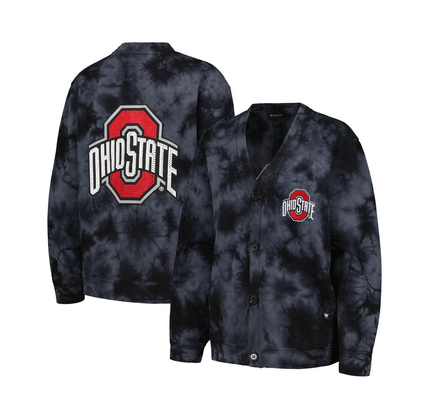 Women's Black Ohio State Buckeyes Jeweled Tie-Dye Button-Up V-Neck Sweater