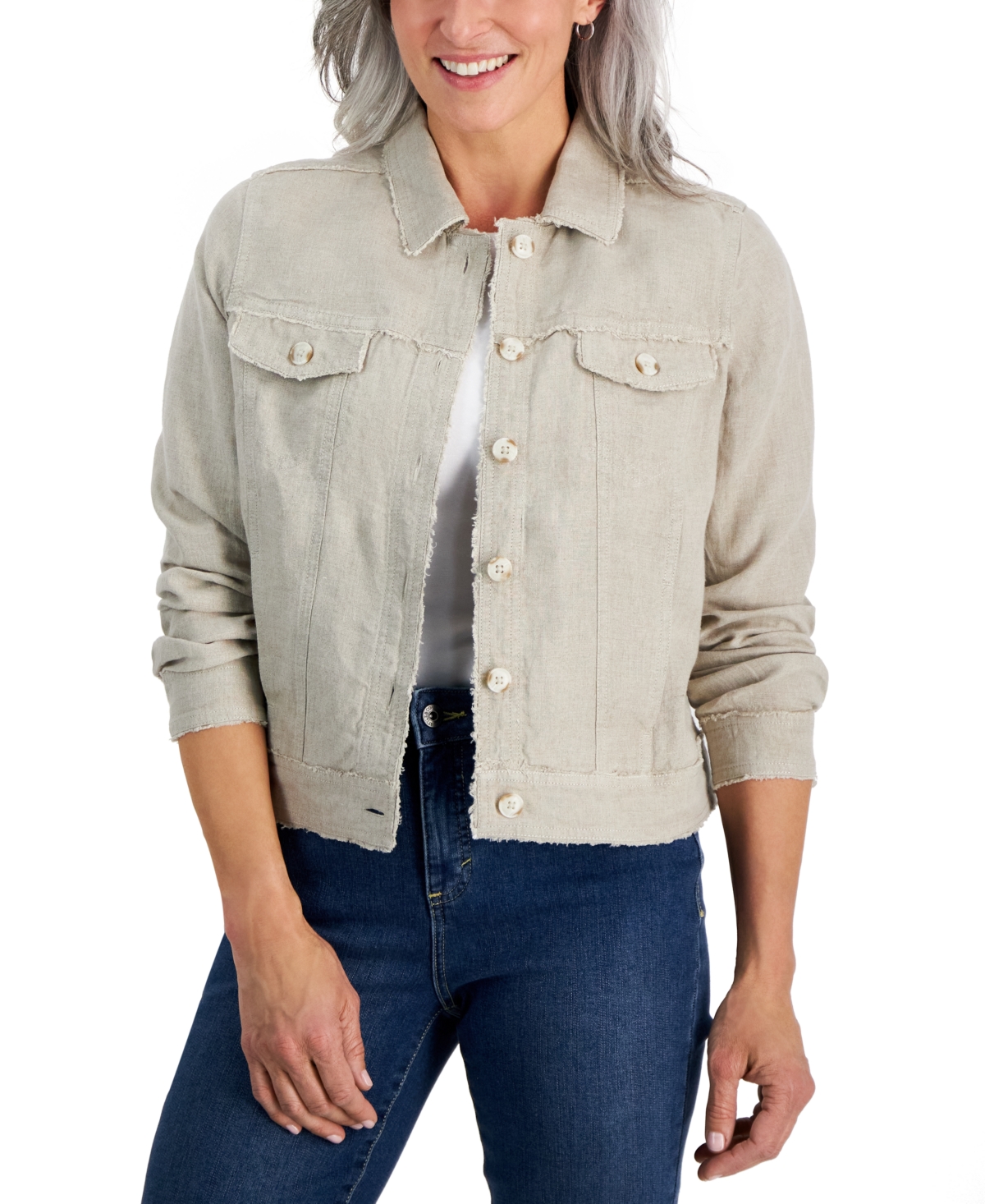 Charter Club Petite 100% Linen Frayed-edge Jacket, Created For Macy's In Flax