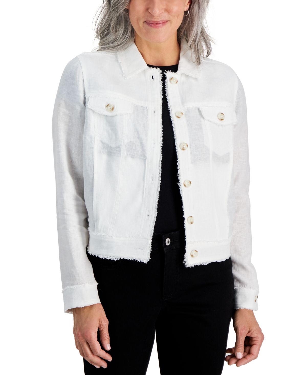 Petite 100% Linen Frayed-Edge Jacket, Created for Macy's - Bright White