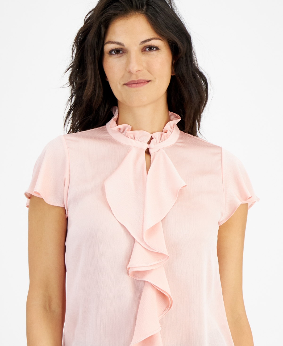 Shop Anne Klein Women's Ruffle-trim Cap-sleeve Blouse In Cherry Blossom