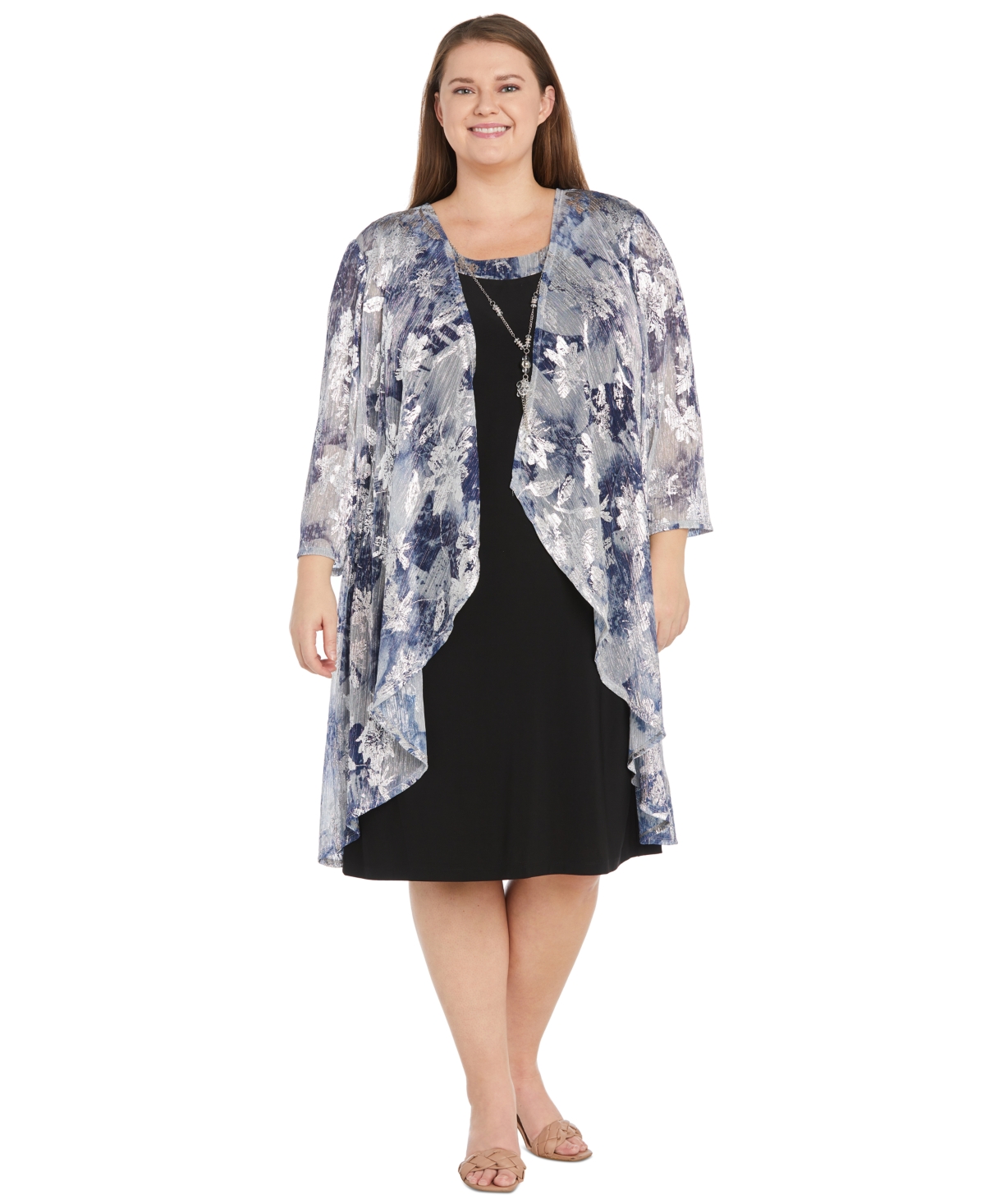 Plus Size 2-Pc. Floral-Print Jacket & Dress Set - Navy/Silver