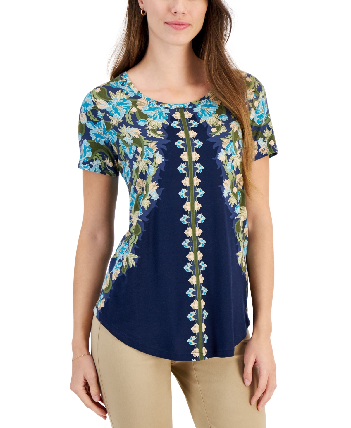 Jm Collection Petite Oaklyn Ornate Short-sleeve Top, Created For Macy's In Intrepid Blue Combo